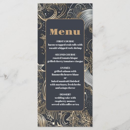 Elegante zilveren gouden hemelse bruiloft menu (Voorkant)