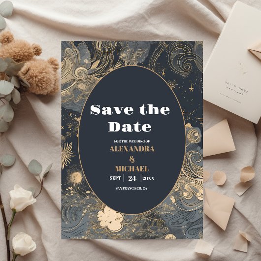 Elegante zilveren gouden hemelse bruiloft save the date