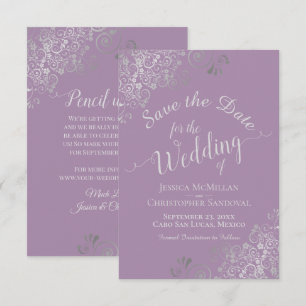 Elegante Zilveren Grijs Kant Lavendel Bruiloft Save The Date