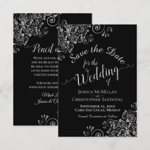 Elegante zilveren grijze franjes op zwart glam bru save the date