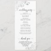 Elegante zilveren grijze krullen op witte bruiloft programmakaart (Achterkant)