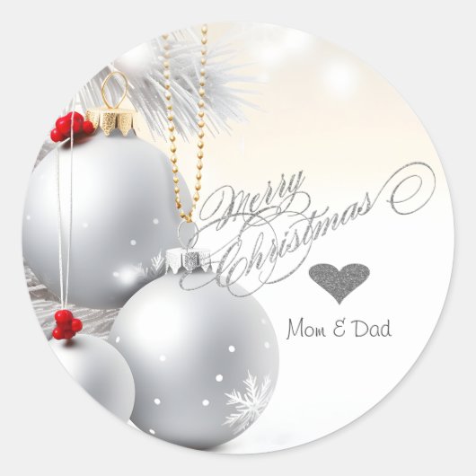 Elegante Zilveren Hart Kerstballen Branches Ronde Sticker (Voorkant)