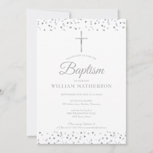 Elegante zilveren harten doop doopsel kaart (Voorkant)