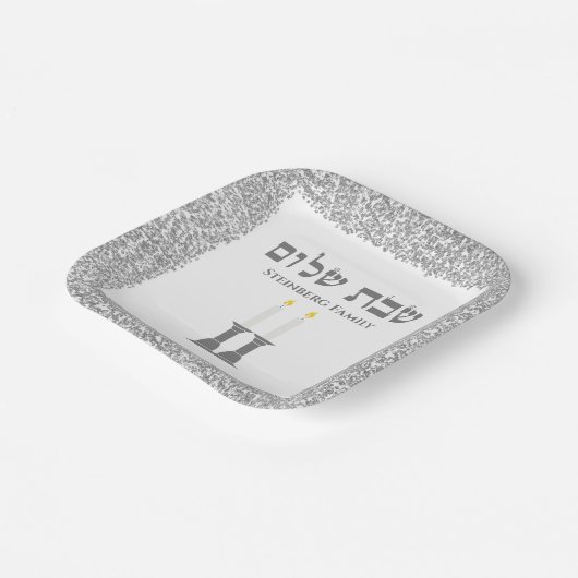 Elegante zilveren kaarsen Hebreeuwse Shabbat Shalo Papieren Bordje (Gebogen)
