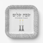 Elegante zilveren kaarsen Hebreeuwse Shabbat Shalo Papieren Bordje (Voorkant)