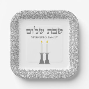 Elegante zilveren kaarsen Hebreeuwse Shabbat Shalo Papieren Bordje