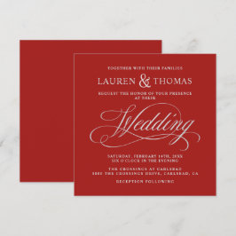 Elegante zilveren kalligrafie op Rich Red Wedding Kaart