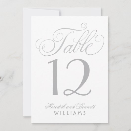 Elegante Zilveren Kalligrafie Trouwtafel Nummer Kaart (Voorkant)