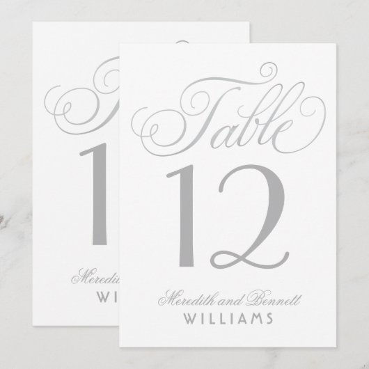 Elegante Zilveren Kalligrafie Trouwtafel Nummer Kaart (Voorkant / Achterkant)