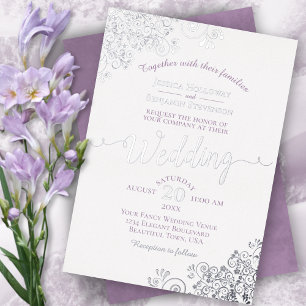 Elegante Zilveren Kant & Lavendel op Witte Trouwka Folie Uitnodiging