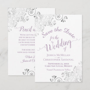 Elegante Zilveren Kant Lavendel & Witte Bruiloft Save The Date