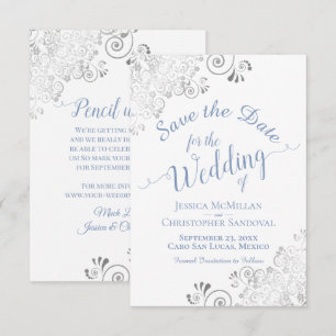 Elegante Zilveren Kant Maagdenpalm Blauw Witte Tro Save The Date