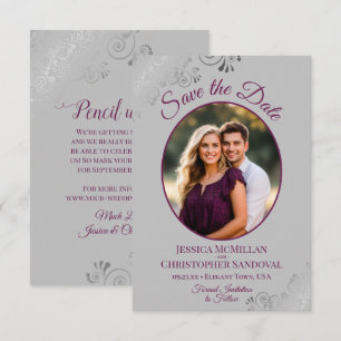 Elegante Zilveren Kant Magenta op Grijze Foto Brui Save The Date