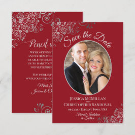Elegante zilveren kant op foto bruiloft met karmoz save the date