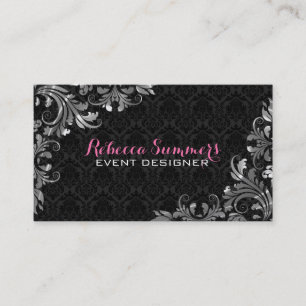 Elegante zilveren kant zwarte damast visitekaartje