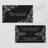 Elegante zilveren kant zwarte damast visitekaartje (Voorkant / Achterkant)