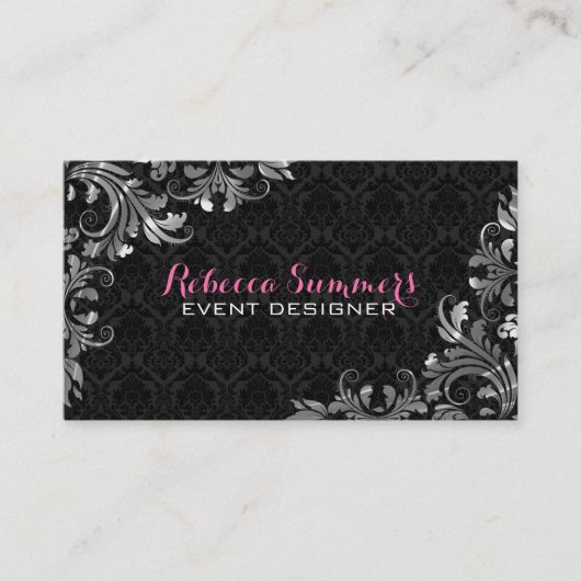 Elegante zilveren kant zwarte damast visitekaartje (Voorkant)