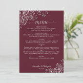 Elegante zilveren kanten franjes op bordeaux bruil menu (Staand voorkant)
