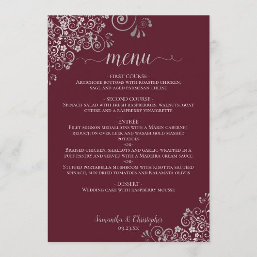 Elegante zilveren kanten franjes op bordeaux bruil menu (Voorkant)