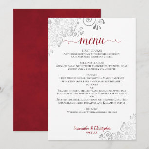 Elegante zilveren kanten franjes rood & wit bruilo menu