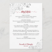 Elegante zilveren kanten franjes rood & wit bruilo menu (Voorkant)