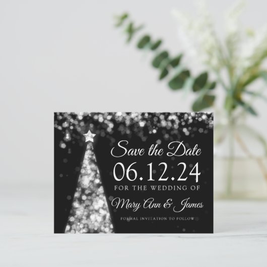 Elegante zilveren kerst bruiloft Save the date Aankondigingskaart (Staand voorkant)