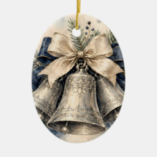 Elegante Zilveren Kerstbellen Waterverf Keramisch Ornament