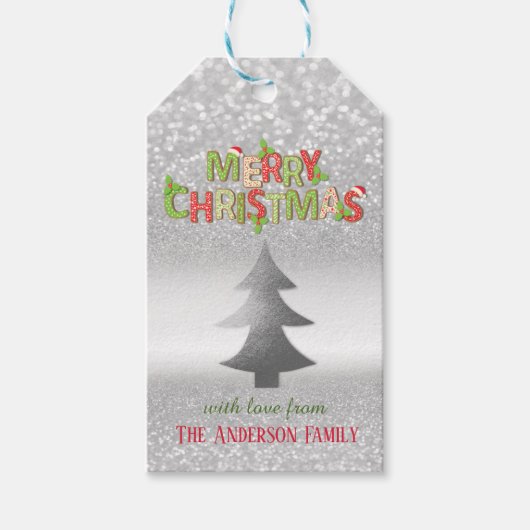 Elegante zilveren kerstboom met bokeh-effect cadeaulabel (Voorkant)