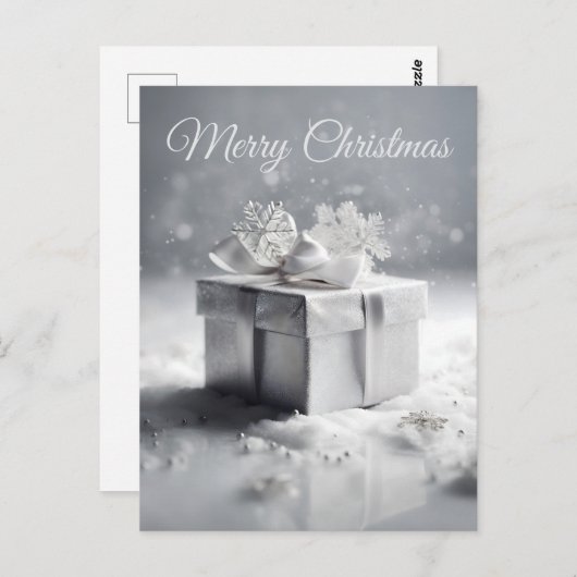 Elegante Zilveren Kerstcadeau Doos met Sneeuwvlokk Briefkaart (Voorkant / Achterkant)