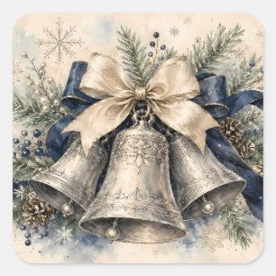 Elegante zilveren kerstklokken waterverf vierkante sticker
