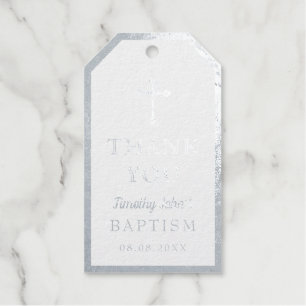Elegante zilveren kruis doop foto cadeaulabels