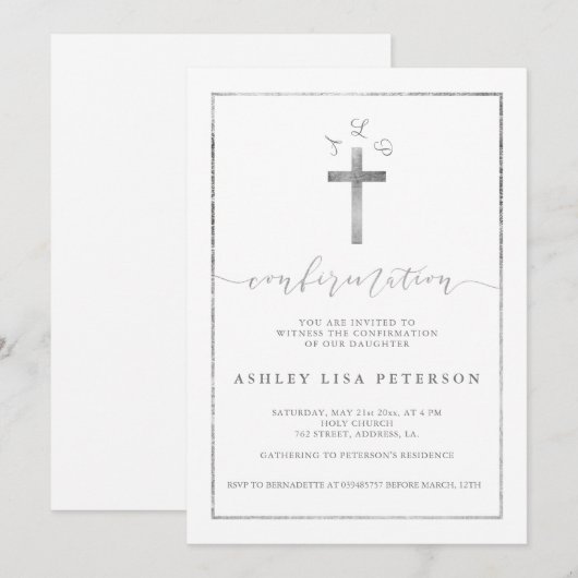 Elegante zilveren kruis monogram bevestiging kaart (Voorkant / Achterkant)