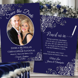 Elegante zilveren krullen en foto op Navy Blue Wed Save The Date