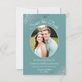 Elegante zilveren krullen en foto op turquoise tro save the date