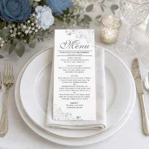 Elegante zilveren krullen en slingers op witte tro menu