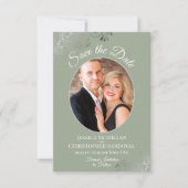 Elegante zilveren krullen & foto op Sage Green bru Save The Date (Voorkant)