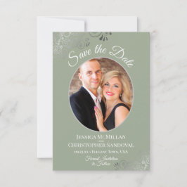 Elegante zilveren krullen & foto op Sage Green bru Save The Date