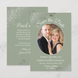 Elegante Zilveren Krullen & Foto op Saliegroene Tr Save The Date