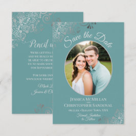 Elegante Zilveren Krullen & Foto op Teal Bruiloft Save The Date