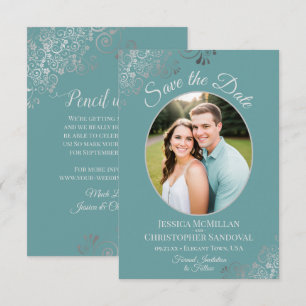 Elegante Zilveren Krullen & Foto op Teal Bruiloft Save The Date