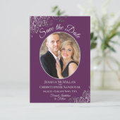 Elegante zilveren krullen & foto Plum Paarse bruil Save The Date (Staand voorkant)