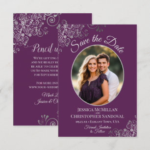 Elegante Zilveren Krullen & Foto Pruim Paarse Trou Save The Date