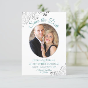 Elegante Zilveren Krullen Foto Teal op Witte Trouw Save The Date