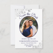 Elegante Zilveren Krullen Navy Blauwe Foto Witte T Save The Date (Voorkant)