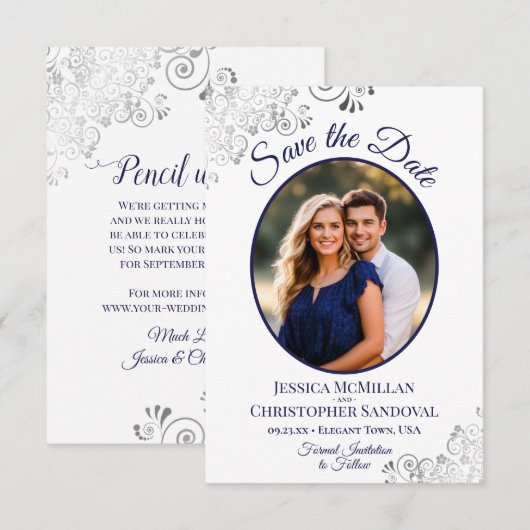 Elegante Zilveren Krullen Navy Blauwe Foto Witte T Save The Date (Voorkant / Achterkant)