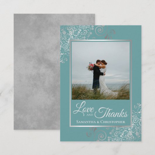 Elegante zilveren krullen op Blauwgroen liefde & B Bedankkaart (Voorkant / Achterkant)