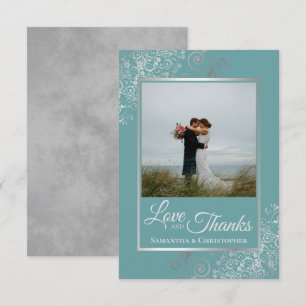 Elegante zilveren krullen op Blauwgroen liefde & B Bedankkaart