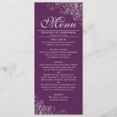 Elegante zilveren krullen op Plum Paarse bruiloft Menu (Voorkant)