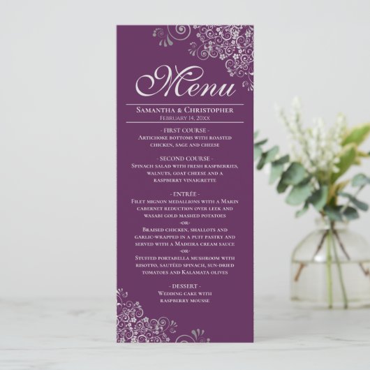 Elegante zilveren krullen op Plum Paarse bruiloft Menu (Staand voorkant)