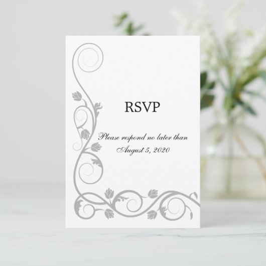 Elegante Zilveren Krullen RSVP / Antwoordkaart Kaart (Staand voorkant)